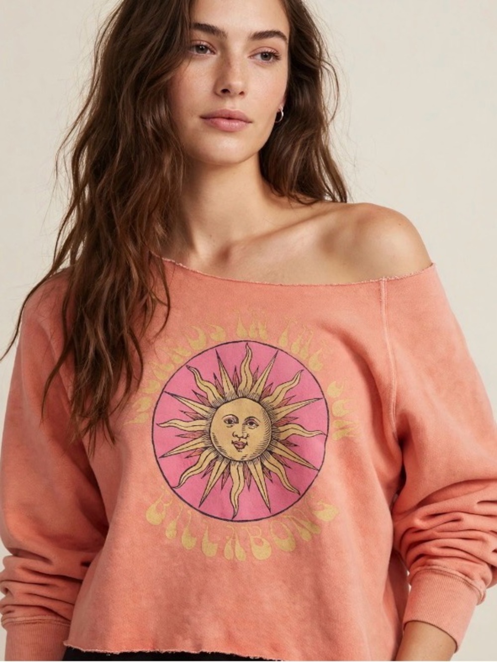 Billabong Peach Off-the-Shoulder Sun Graphic Sweater